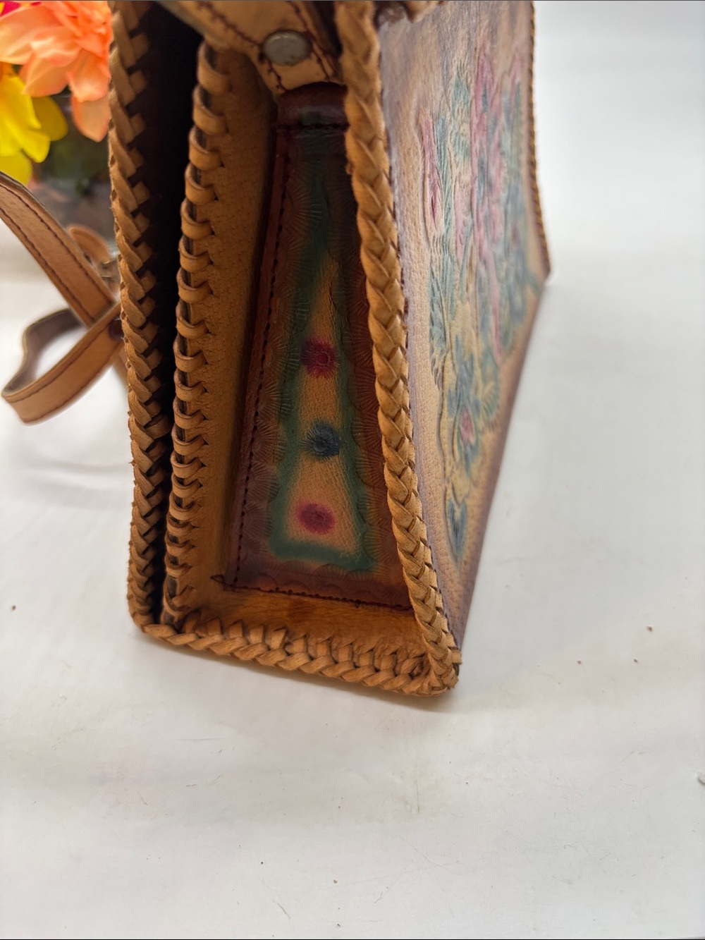 Vintage Mexican Hand-Tooled Floral Leather Crossbody Bag - Tan Multicolor Floral - Picture 6 of 14